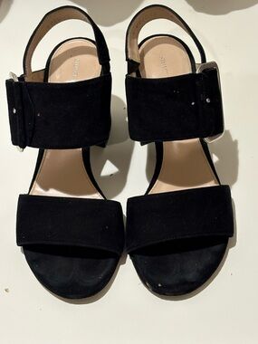 Stuart Weitzman Black Suede Wide-Strap Block Heel Sandals